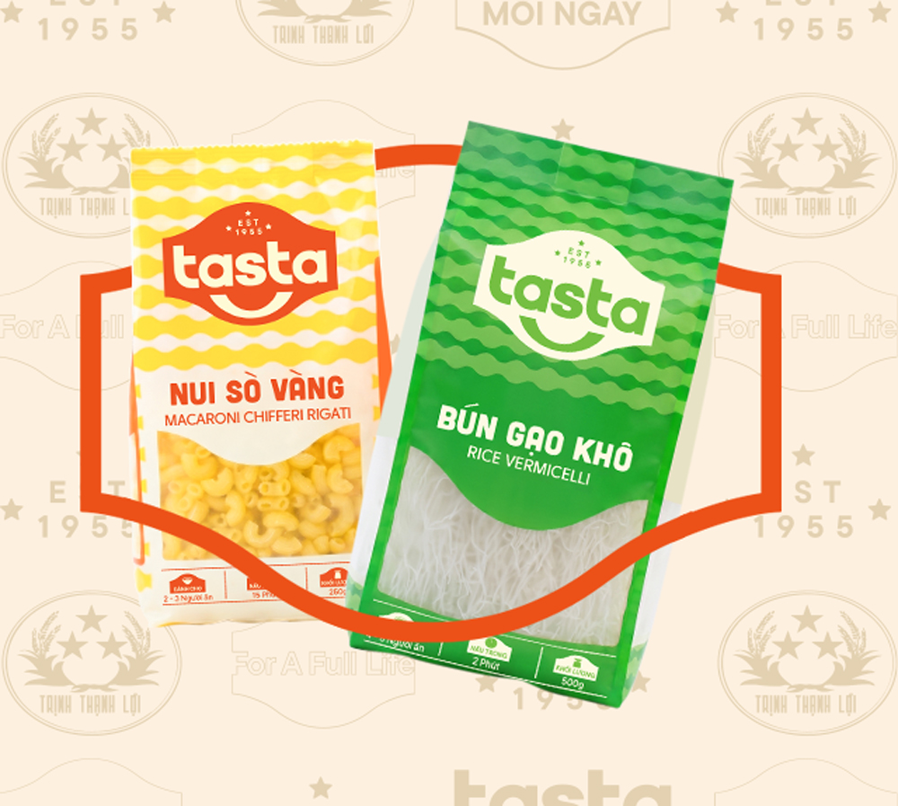 A classic glass bottle and squeezable plastic bottle of Tasta Tomato Ketchup are displayed against a branded background.